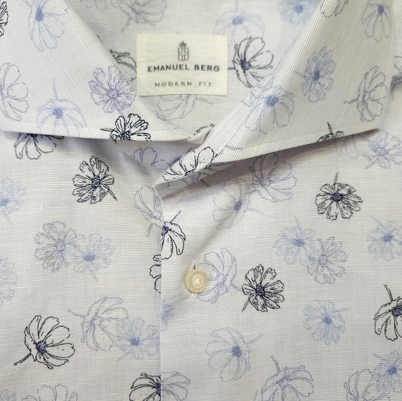 Emanuel Berg Mens Modern Fit Button Down Shirt Size L / XL 17" White Floral - Picture 2 of 8